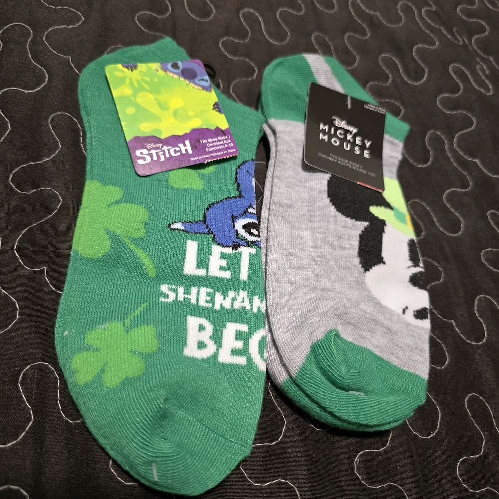Disney Mickey Mouse & Stitch St Patricks‎ Day Ankle Socks 2 Pair NWT Size 4–10